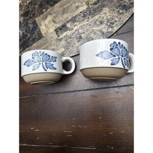 Midwinter Stoneware Set Of 2 Stacking Mugs Wedgewood Blue & Grey Floral Vintage